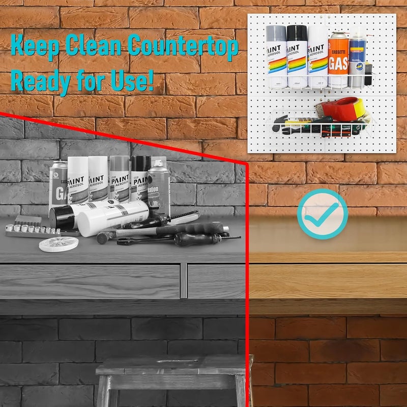 G.CORE Large Peg Board Baskets - 2 Pack Metal Shallow Tray Shelves for 1/4 Pegboards - Spray Bottle Holders Can Organizers for Garage Workbench Shop Hobby Craft Tool Organization (White) - Image 5